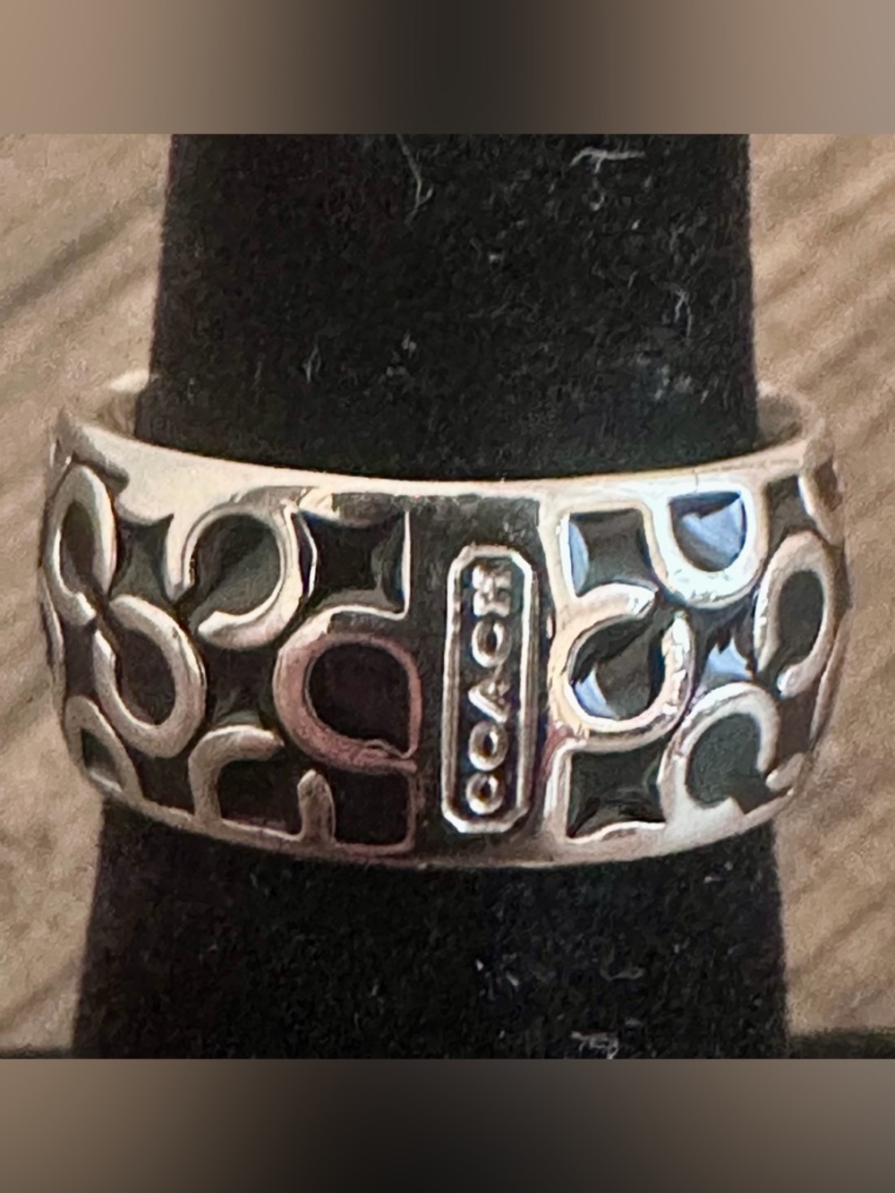 Coach Silver-tone and black enamel signature ring